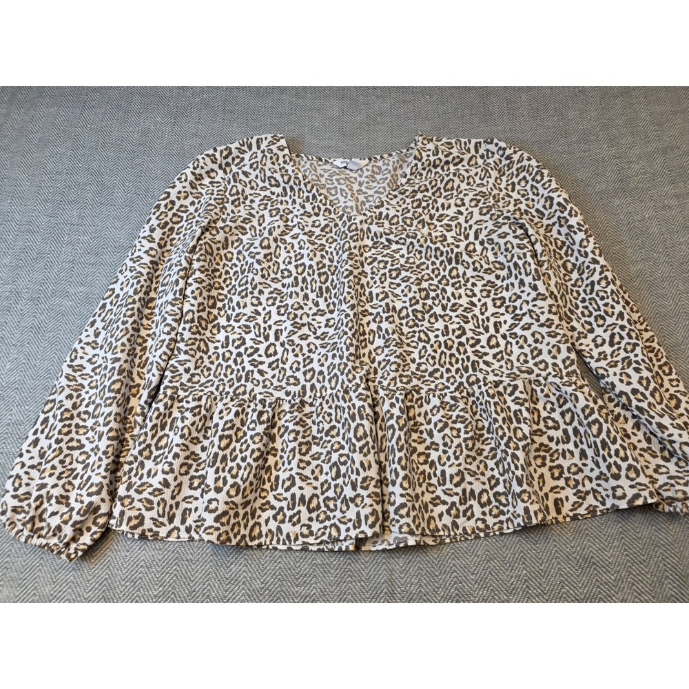 Nine West Peplum Blouse Top Women's Large Multi Leopard Print Long Sleeve V-Neck
